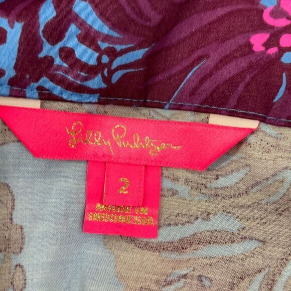 Lilly Pulitzer Blue Red Floral Tie Front Square Neck Short Sleeve Blouse Size 2 - Picture 2 of 8